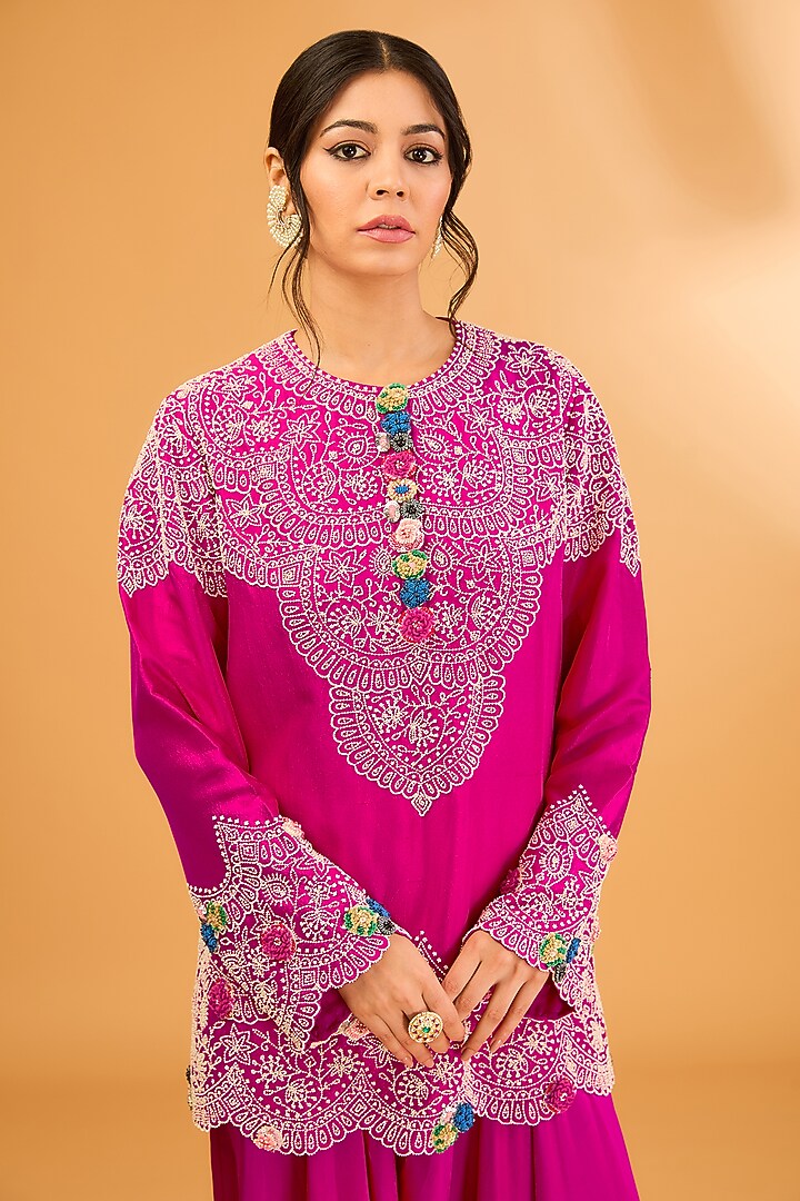 Rani Pink Dupion Pearl Work Short Kurta Set by Minaxi Dadoo at Pernia's Pop Up Shop