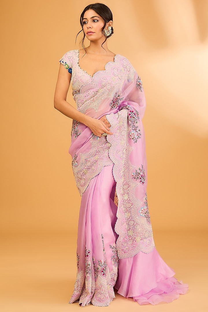Lavender Organza Pearl Embroidered Reception Saree Set by Minaxi Dadoo at Pernia's Pop Up Shop