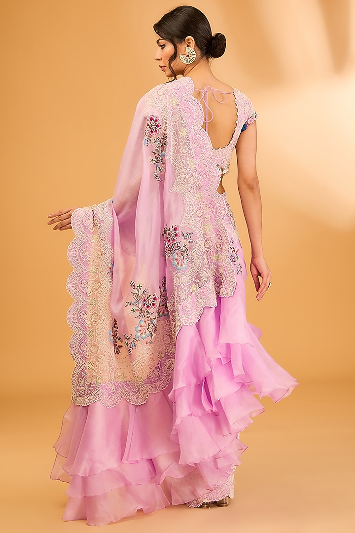 Lavender Organza Pearl Embroidered Reception Saree Set by Minaxi Dadoo at Pernia's Pop Up Shop