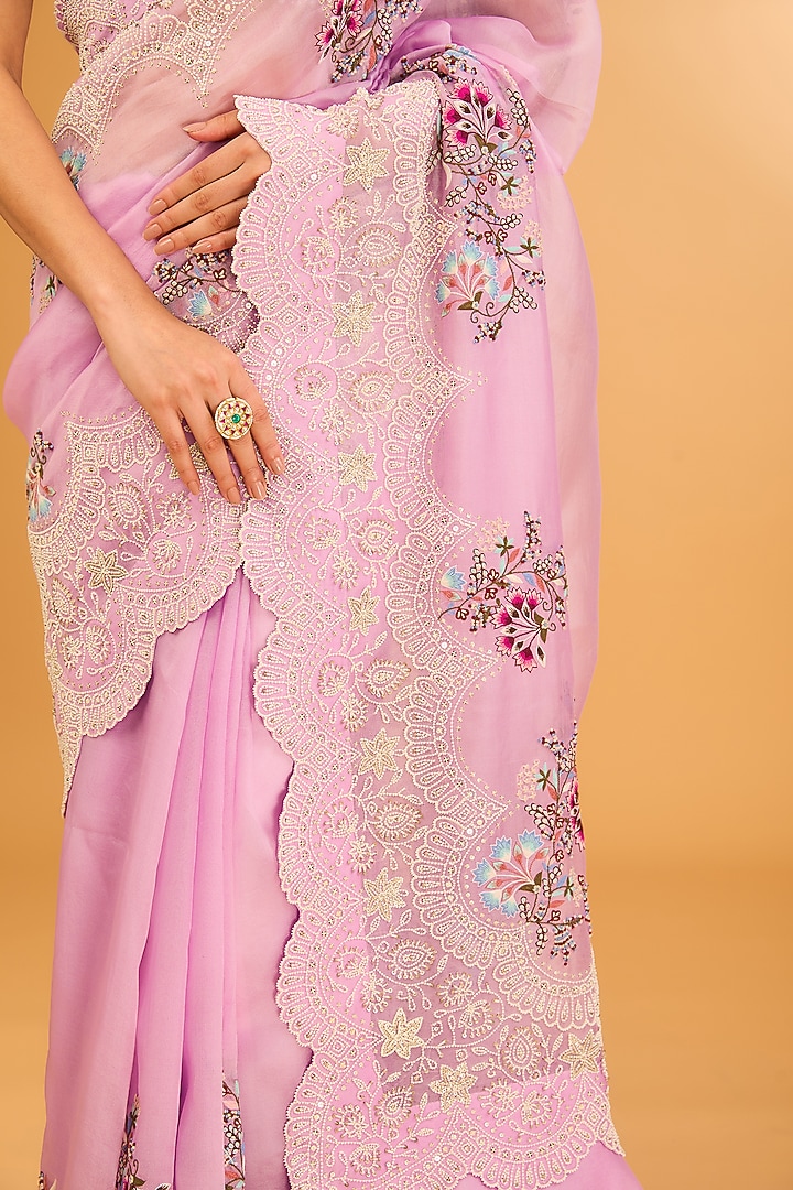 Lavender Organza Pearl Embroidered Reception Saree Set by Minaxi Dadoo at Pernia's Pop Up Shop