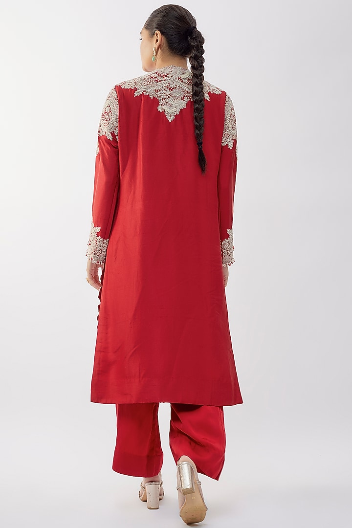 Red Dupion Dori Work Short Kurta Set by Minaxi Dadoo at Pernia's Pop Up Shop