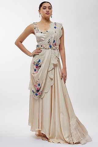 Beige Silk & Organza Skirt Set by Minaxi Dadoo