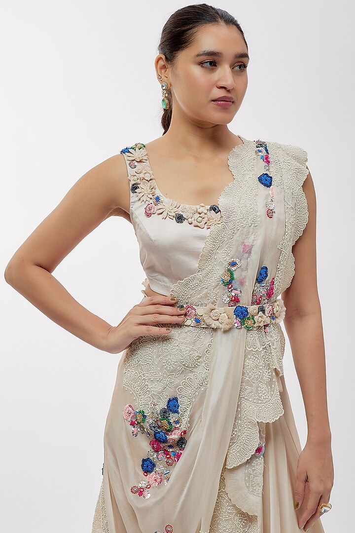 Beige Silk & Organza Skirt Set by Minaxi Dadoo at Pernia's Pop Up Shop