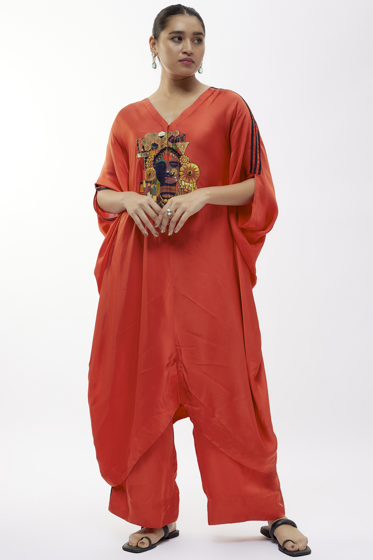 Orange Satin Printed Kaftan Set by Minaxi Dadoo at Pernia's Pop Up Shop