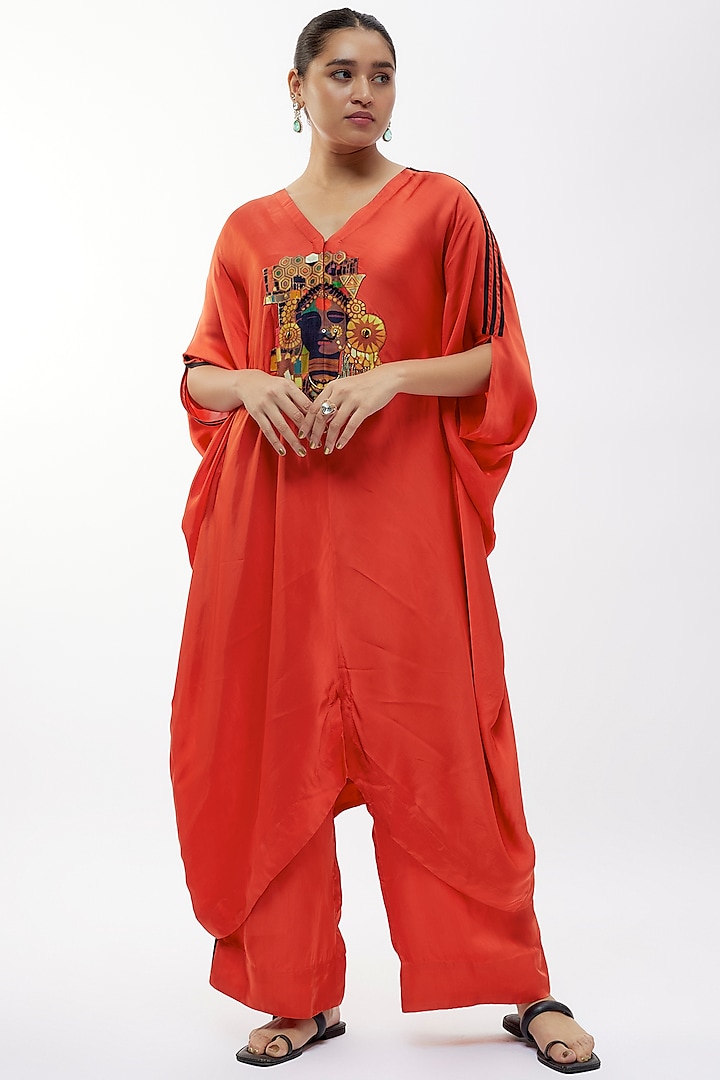 Orange Satin Printed Kaftan Set by Minaxi Dadoo at Pernia's Pop Up Shop