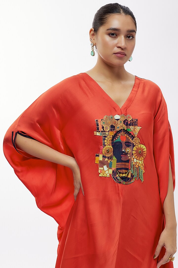 Orange Satin Printed Kaftan Set by Minaxi Dadoo at Pernia's Pop Up Shop