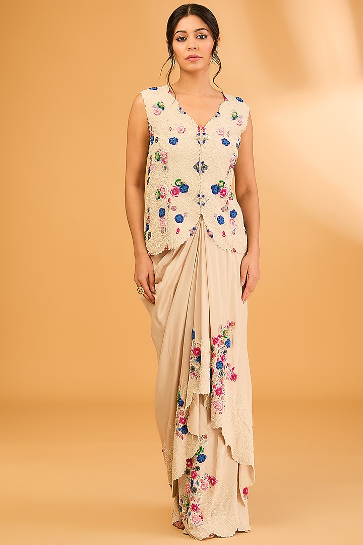 Beige Silk Pearl Work Pick-Up Skirt Set by Minaxi Dadoo at Pernia's Pop Up Shop
