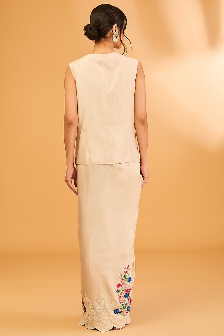 Beige Silk Pearl Work Pick-Up Skirt Set by Minaxi Dadoo at Pernia's Pop Up Shop