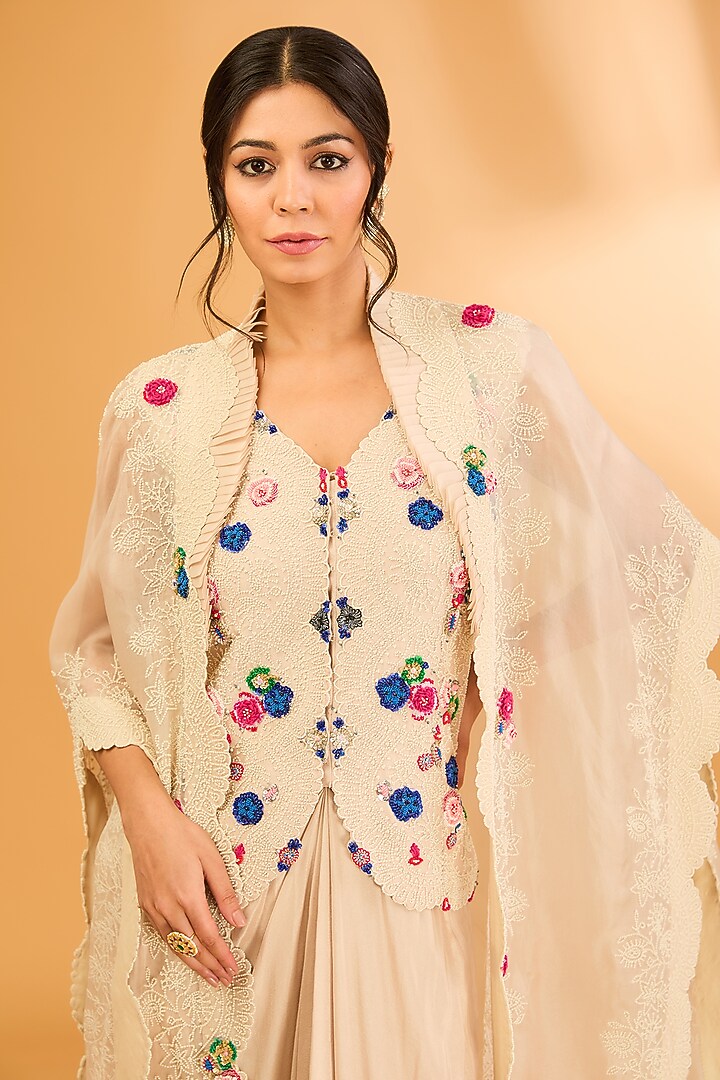 Beige Silk Pearl Work Pick-Up Skirt Set by Minaxi Dadoo at Pernia's Pop Up Shop