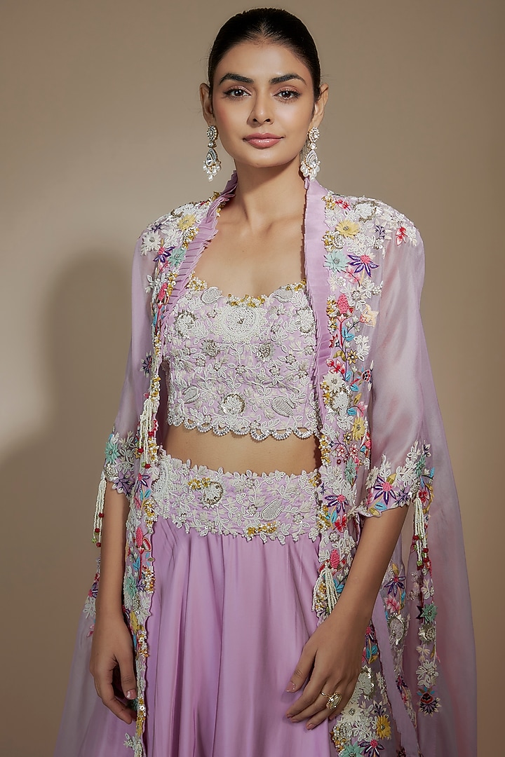 Lavender Organza Thread & Dori Work Cape Set by Minaxi Dadoo at Pernia's Pop Up Shop