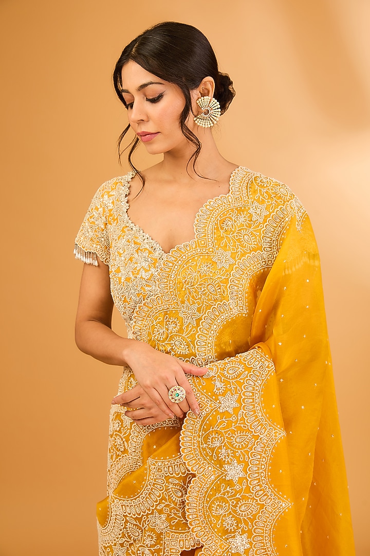 Yellow Chanderi Thread Embroidered Bridal Lehenga Set by Minaxi Dadoo at Pernia's Pop Up Shop