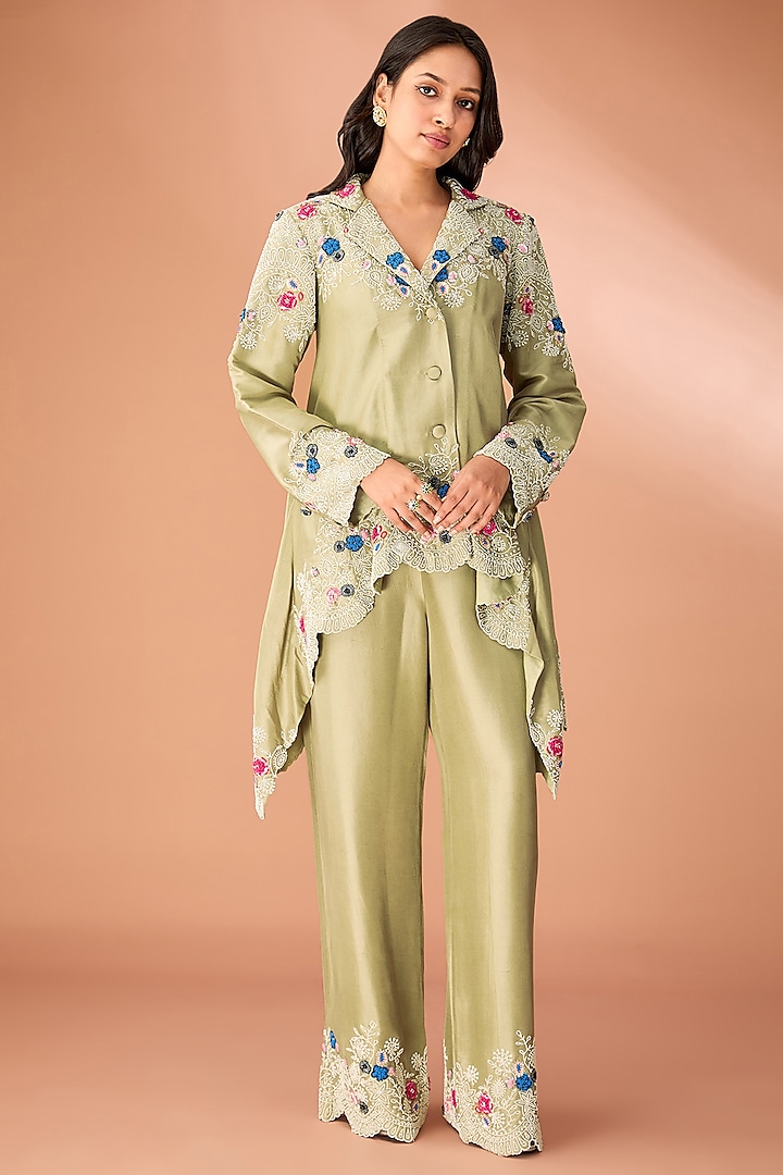 Olive Green China Dupion Thread & Pearl Embroidered Co-Ord Set by Minaxi Dadoo at Pernia's Pop Up Shop