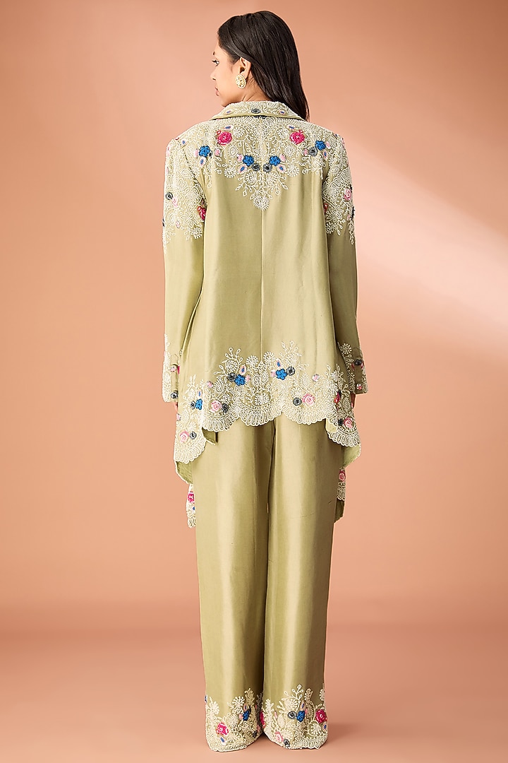 Olive Green China Dupion Thread & Pearl Embroidered Co-Ord Set by Minaxi Dadoo at Pernia's Pop Up Shop