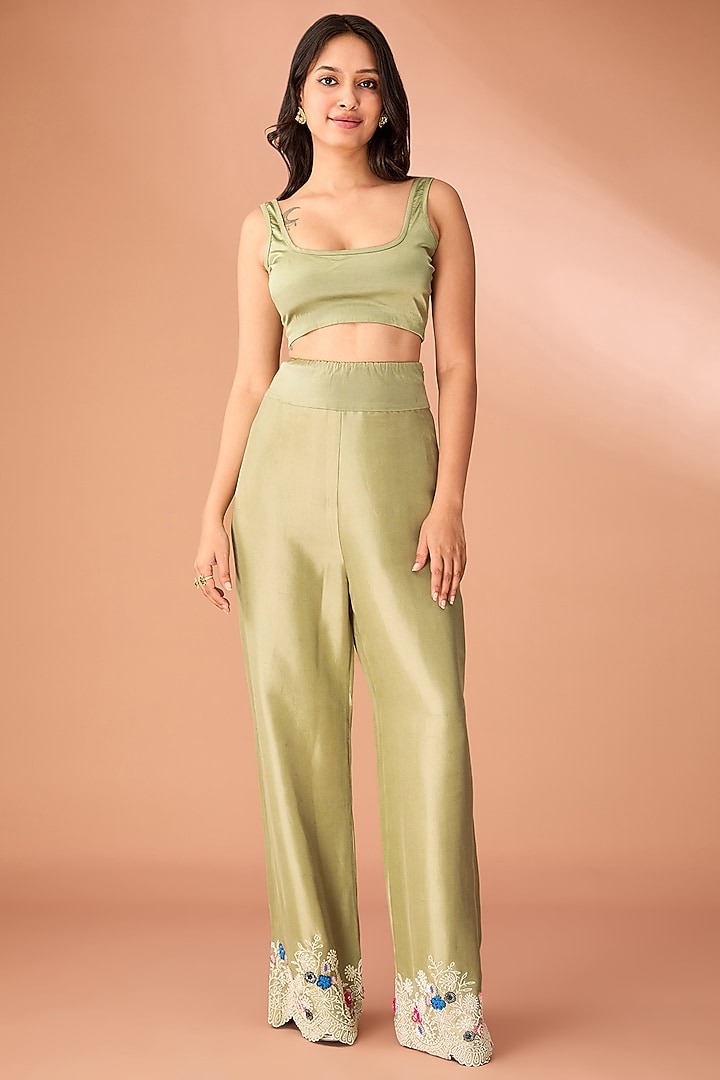 Olive Green China Dupion Thread & Pearl Embroidered Co-Ord Set by Minaxi Dadoo at Pernia's Pop Up Shop