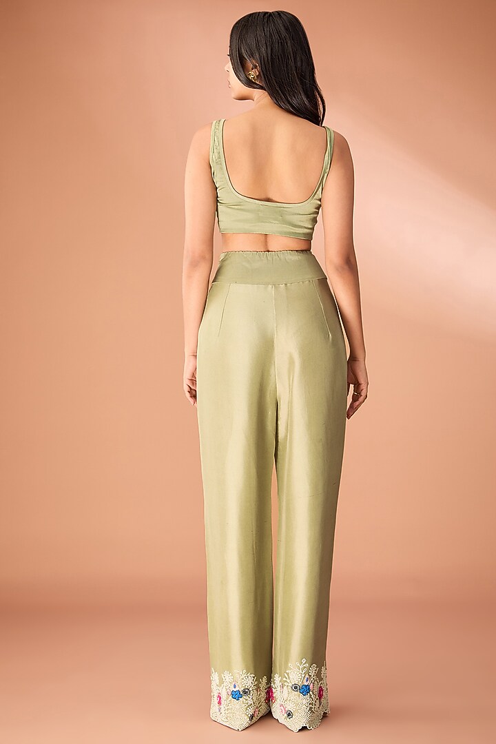 Olive Green China Dupion Thread & Pearl Embroidered Co-Ord Set by Minaxi Dadoo at Pernia's Pop Up Shop