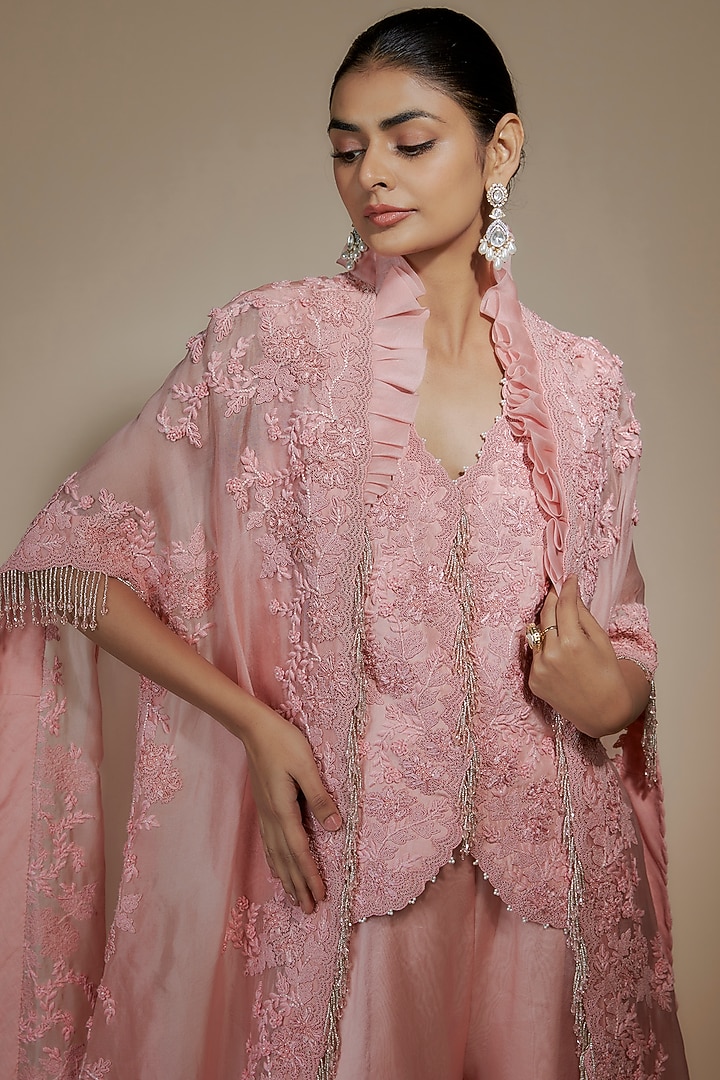 Pink Organza Moti Work Cape Set by Minaxi Dadoo at Pernia's Pop Up Shop