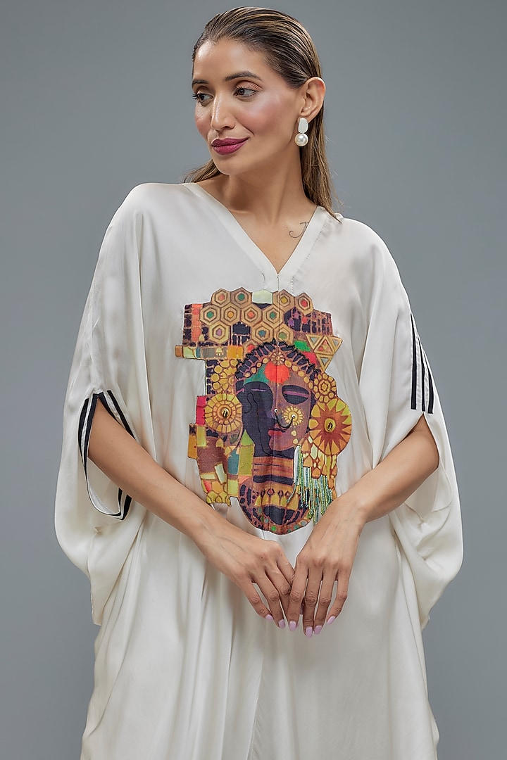 Ivory Satin Embroidered Kaftan Set by Minaxi Dadoo at Pernia's Pop Up Shop