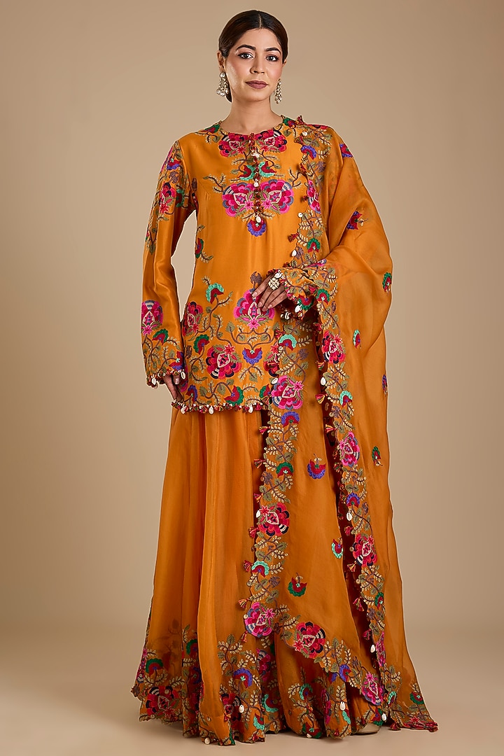 Mango Yellow Dupion Silk Kashmiri Work Bridal Sharara Set by Minaxi Dadoo at Pernia's Pop Up Shop