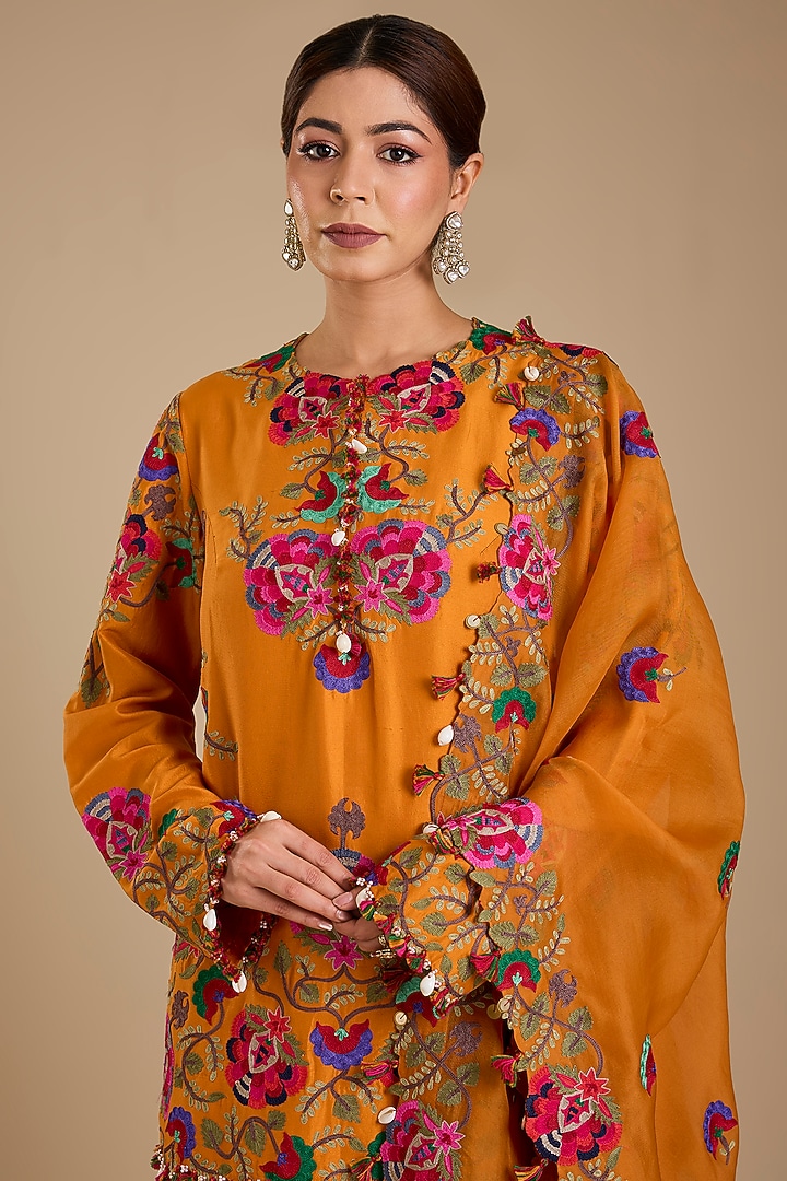 Mango Yellow Dupion Silk Kashmiri Work Bridal Sharara Set by Minaxi Dadoo at Pernia's Pop Up Shop