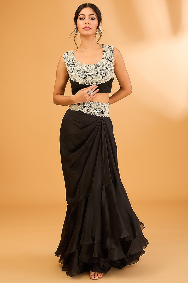 Black Silk & Organza Ruffled Skirt Set by Minaxi Dadoo at Pernia's Pop Up Shop