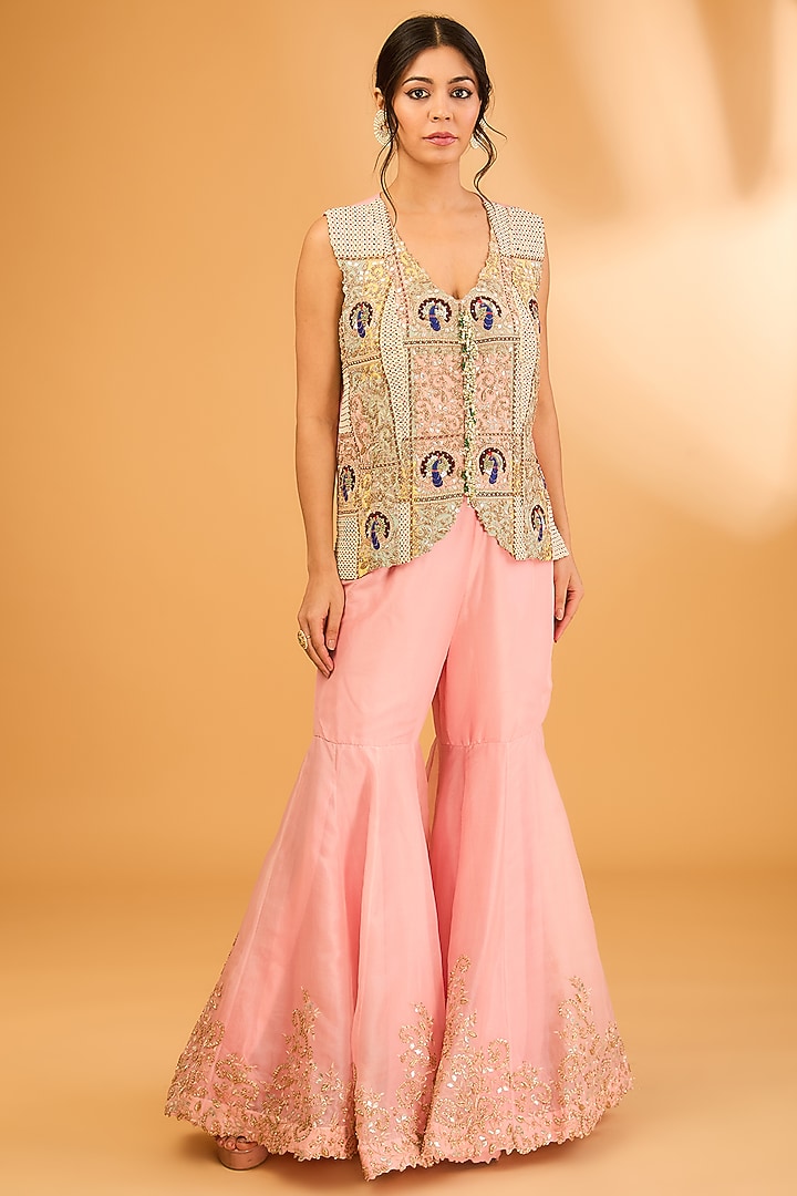 Pink Silk & Organza Embroidered Gharara Set by Minaxi Dadoo at Pernia's Pop Up Shop