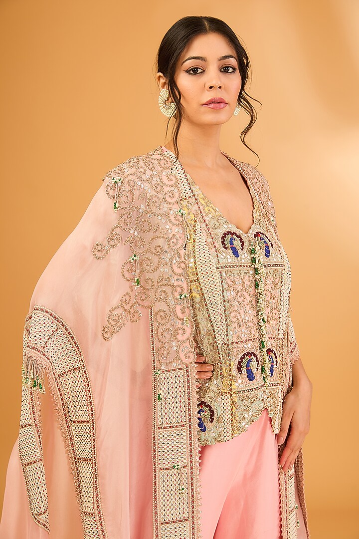 Pink Silk & Organza Embroidered Gharara Set by Minaxi Dadoo at Pernia's Pop Up Shop