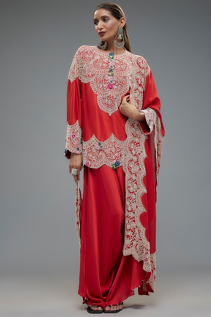 Red Dupion Pearl Embroidered Kurta Set by Minaxi Dadoo at Pernia's Pop Up Shop