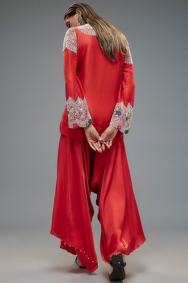 Red Dupion Pearl Embroidered Kurta Set by Minaxi Dadoo at Pernia's Pop Up Shop