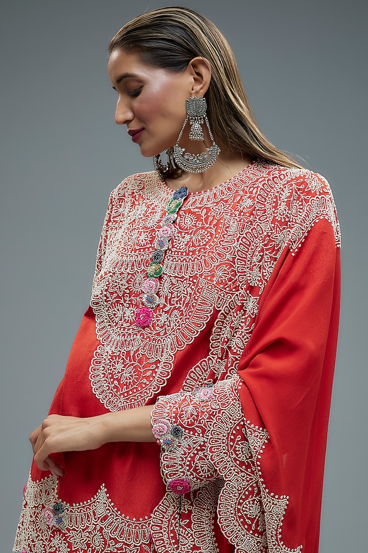 Red Dupion Pearl Embroidered Kurta Set by Minaxi Dadoo at Pernia's Pop Up Shop