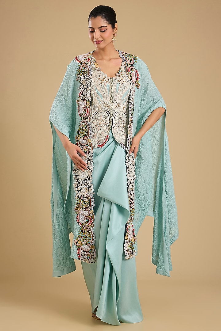 Powder Blue Dupion Silk Pick-Up Skirt Set by Minaxi Dadoo at Pernia's Pop Up Shop