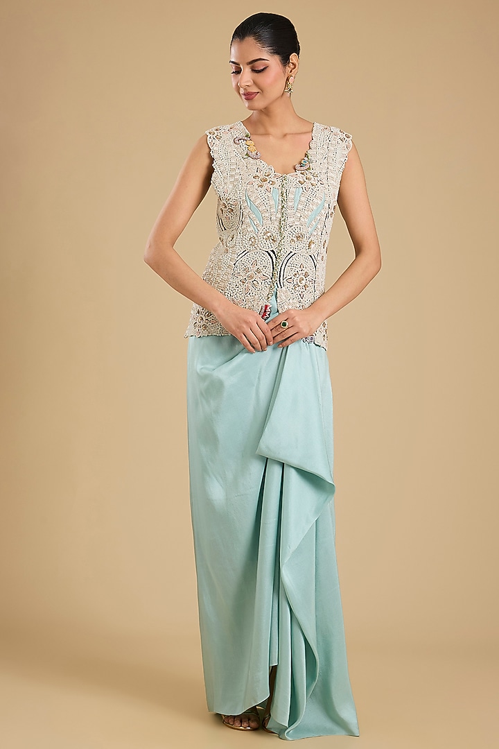 Powder Blue Dupion Silk Pick-Up Skirt Set by Minaxi Dadoo at Pernia's Pop Up Shop