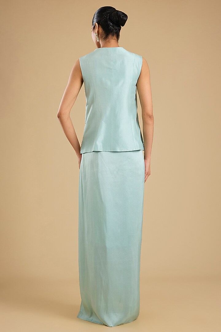 Powder Blue Dupion Silk Pick-Up Skirt Set by Minaxi Dadoo at Pernia's Pop Up Shop