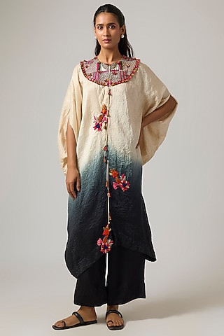 Shaded Ivory & Black Crushed Silk Patchwork Kaftan Set by Minaxi Dadoo
