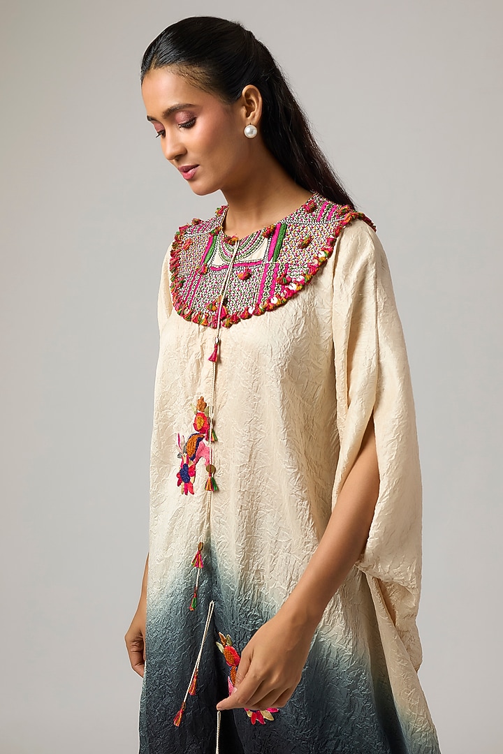 Shaded Ivory & Black Crushed Silk Patchwork Kaftan Set by Minaxi Dadoo at Pernia's Pop Up Shop
