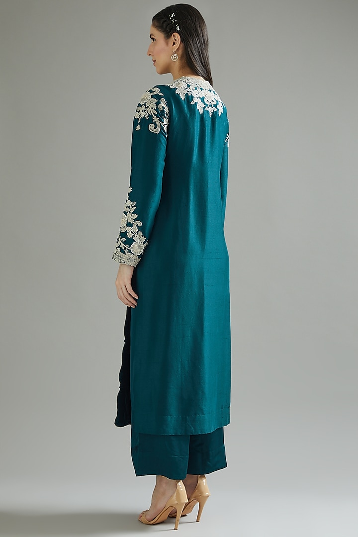 Blue Dupion Lace Kurta Set by Minaxi Dadoo at Pernia's Pop Up Shop