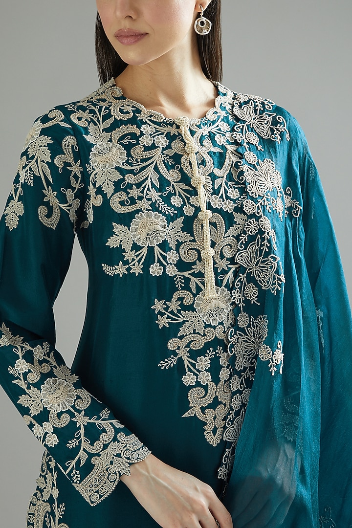 Blue Dupion Lace Kurta Set by Minaxi Dadoo at Pernia's Pop Up Shop
