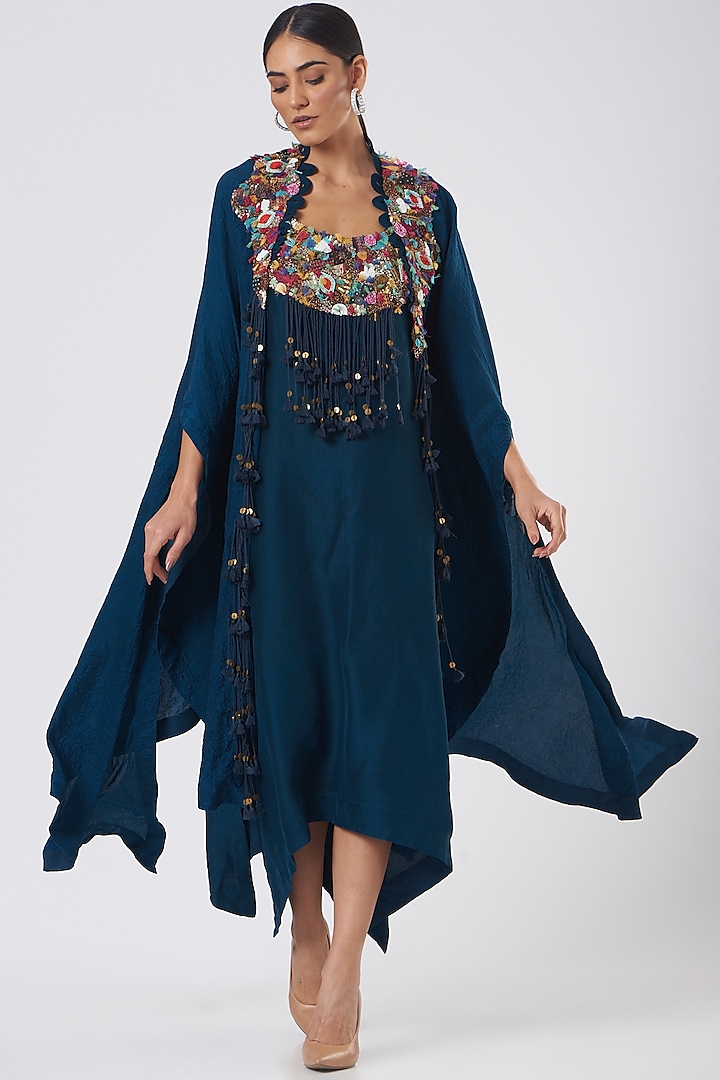 Peacock Blue Embroidered Cape Dress by Minaxi Dadoo