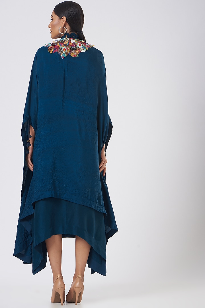 Peacock Blue Embroidered Cape Party Wear Dress by Minaxi Dadoo at Pernia's Pop Up Shop