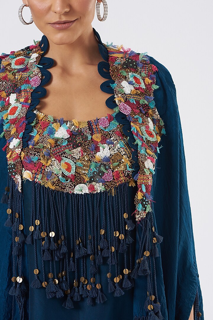 Peacock Blue Embroidered Cape Party Wear Dress by Minaxi Dadoo at Pernia's Pop Up Shop