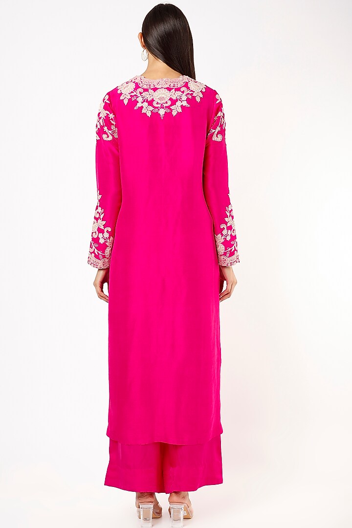 Rani Pink Embroidered Long Straight Kurta Set by Minaxi Dadoo at Pernia's Pop Up Shop