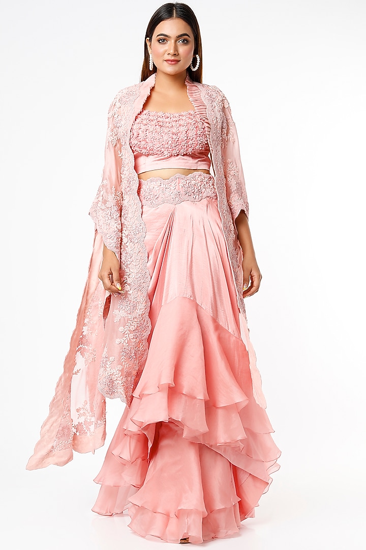 Pink Organza Skirt Set With Cape by Minaxi Dadoo at Pernia's Pop Up Shop