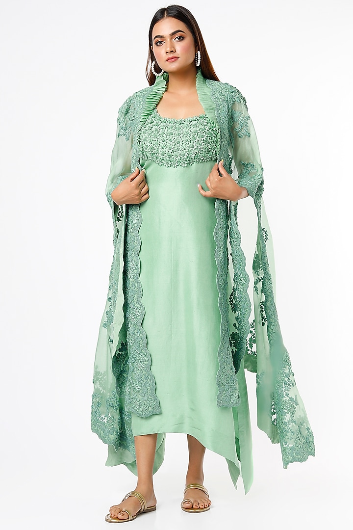 Green Dupion Dress With Butterfly Cape by Minaxi Dadoo