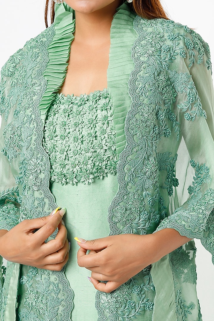 Green Dupion Party Wear Dress With Butterfly Cape by Minaxi Dadoo at Pernia's Pop Up Shop