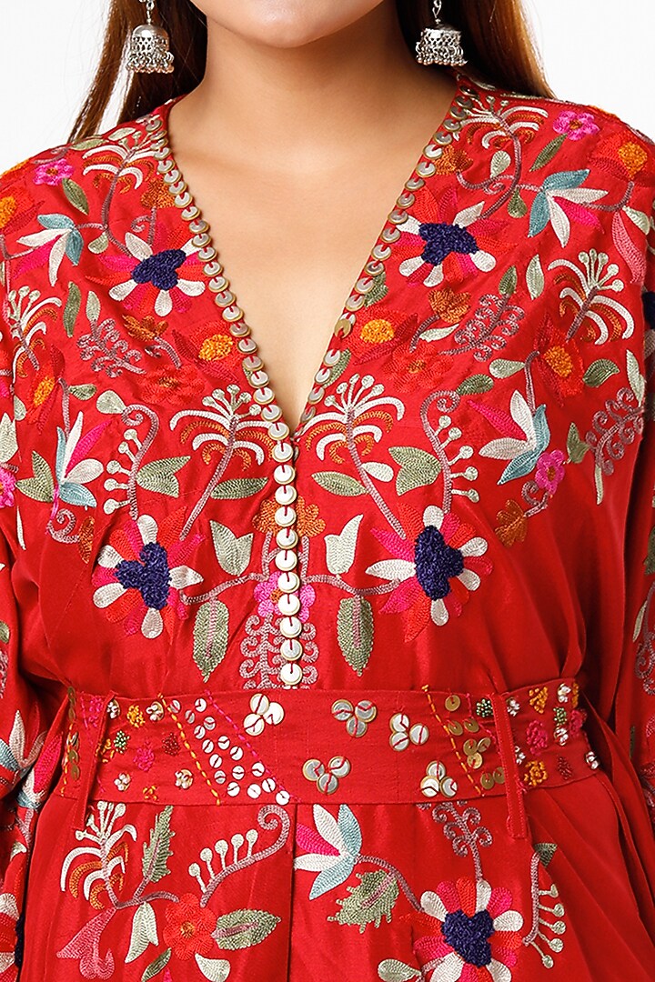 Red Dupion Kaftan Set by Minaxi Dadoo at Pernia's Pop Up Shop