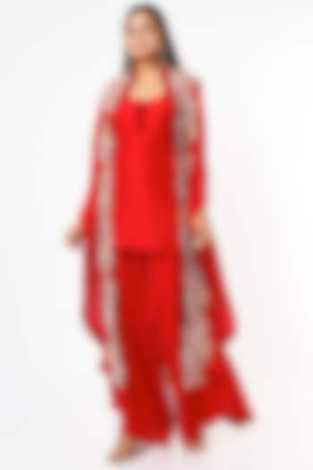 Red Dupion Kurta Set With Cape by Minaxi Dadoo at Pernia's Pop Up Shop