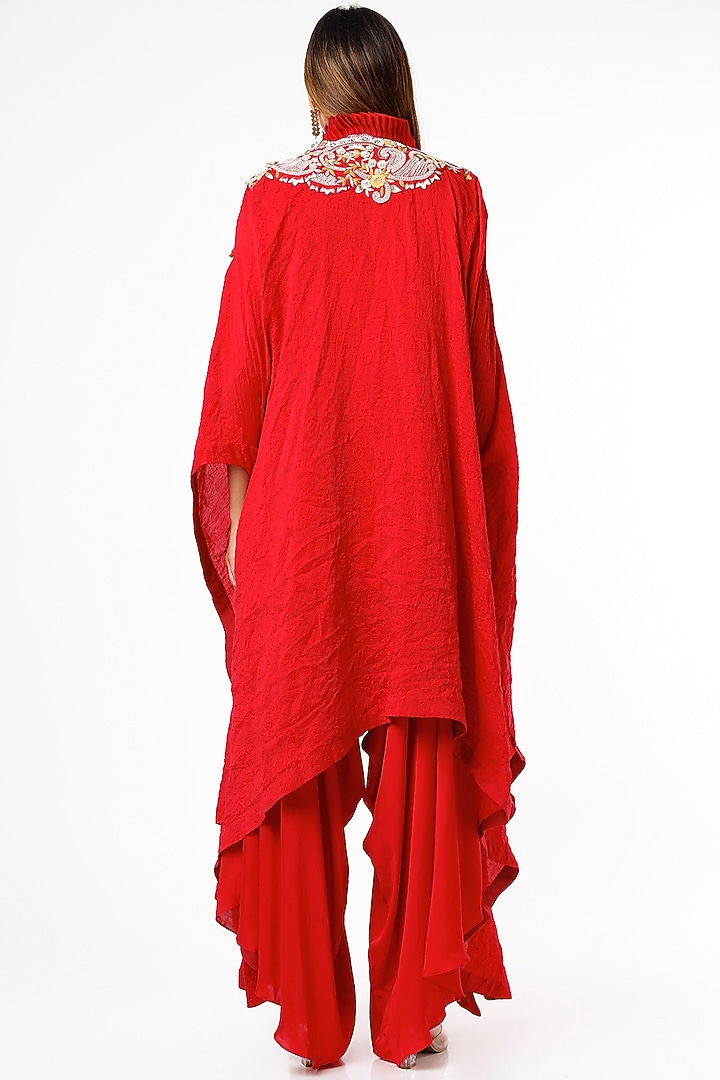 Red Dupion Kurta Set With Cape by Minaxi Dadoo at Pernia's Pop Up Shop