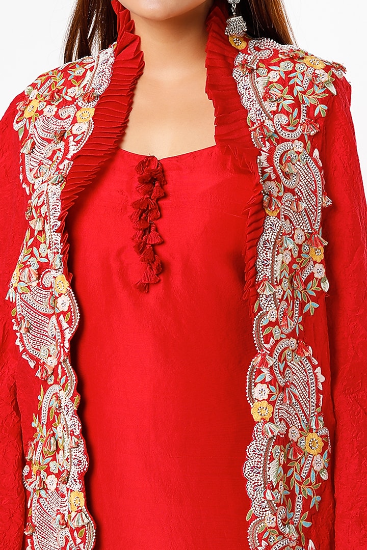 Red Dupion Kurta Set With Cape by Minaxi Dadoo at Pernia's Pop Up Shop