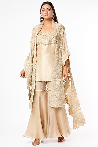 Beige Dupion Gharara Set by Minaxi Dadoo