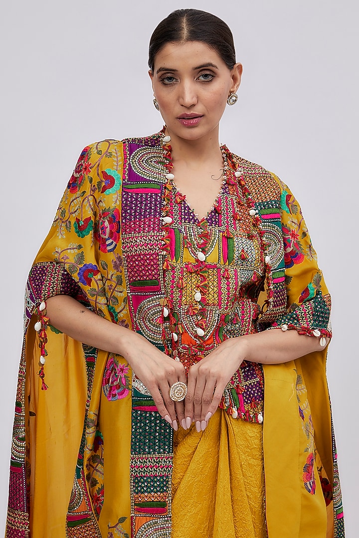 Yellow Dupion Embroidered Cape Set by Minaxi Dadoo at Pernia's Pop Up Shop