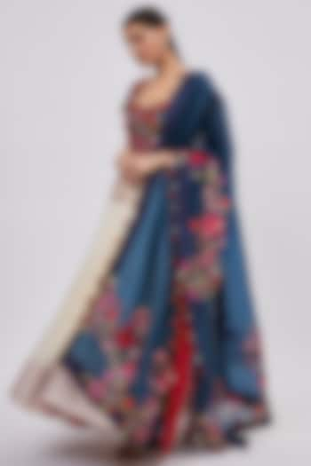 Off-White & Blue Chanderi Embroidered Anarkali Set by Minaxi Dadoo